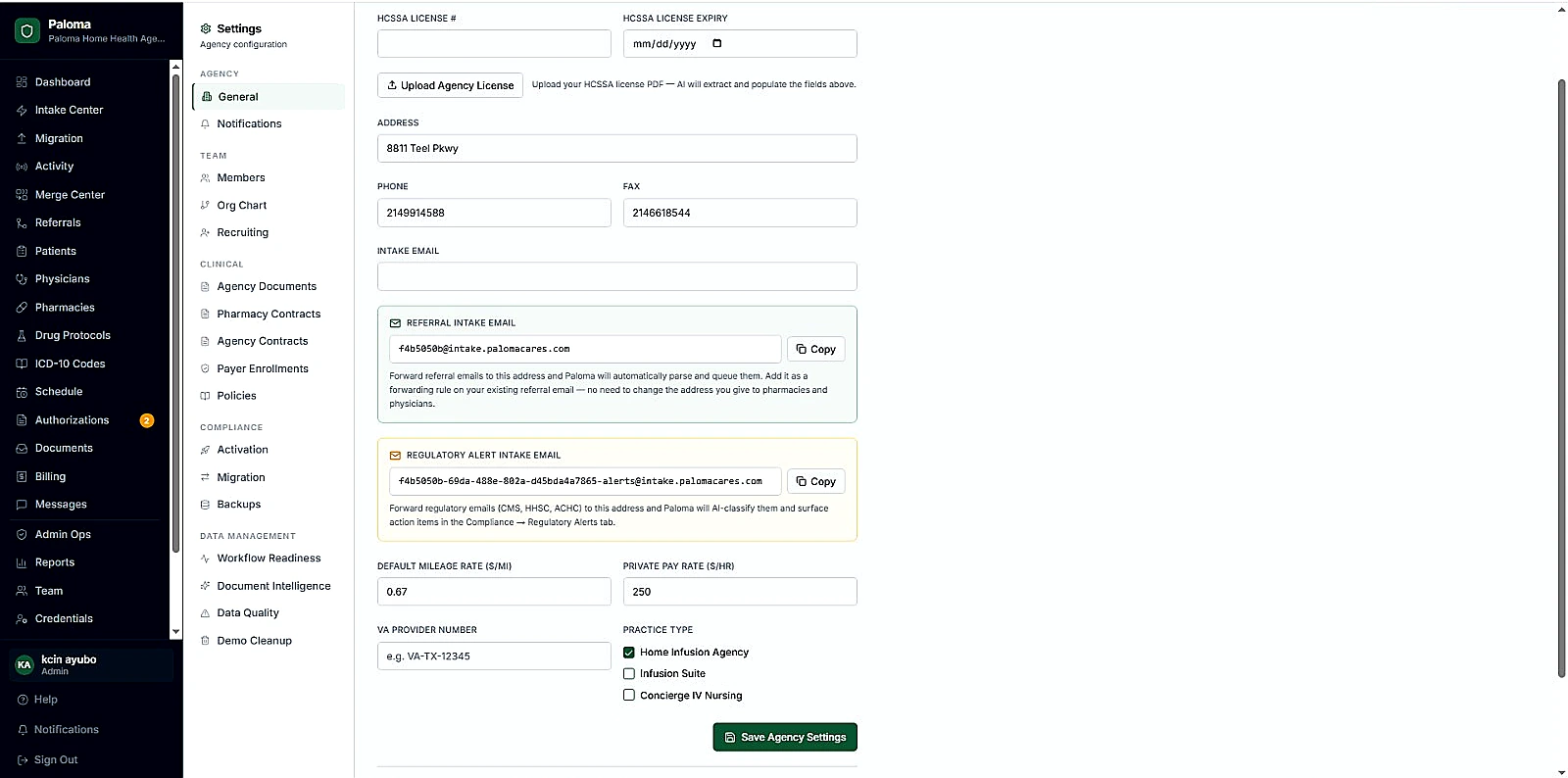 Paloma Agency Configuration screenshot