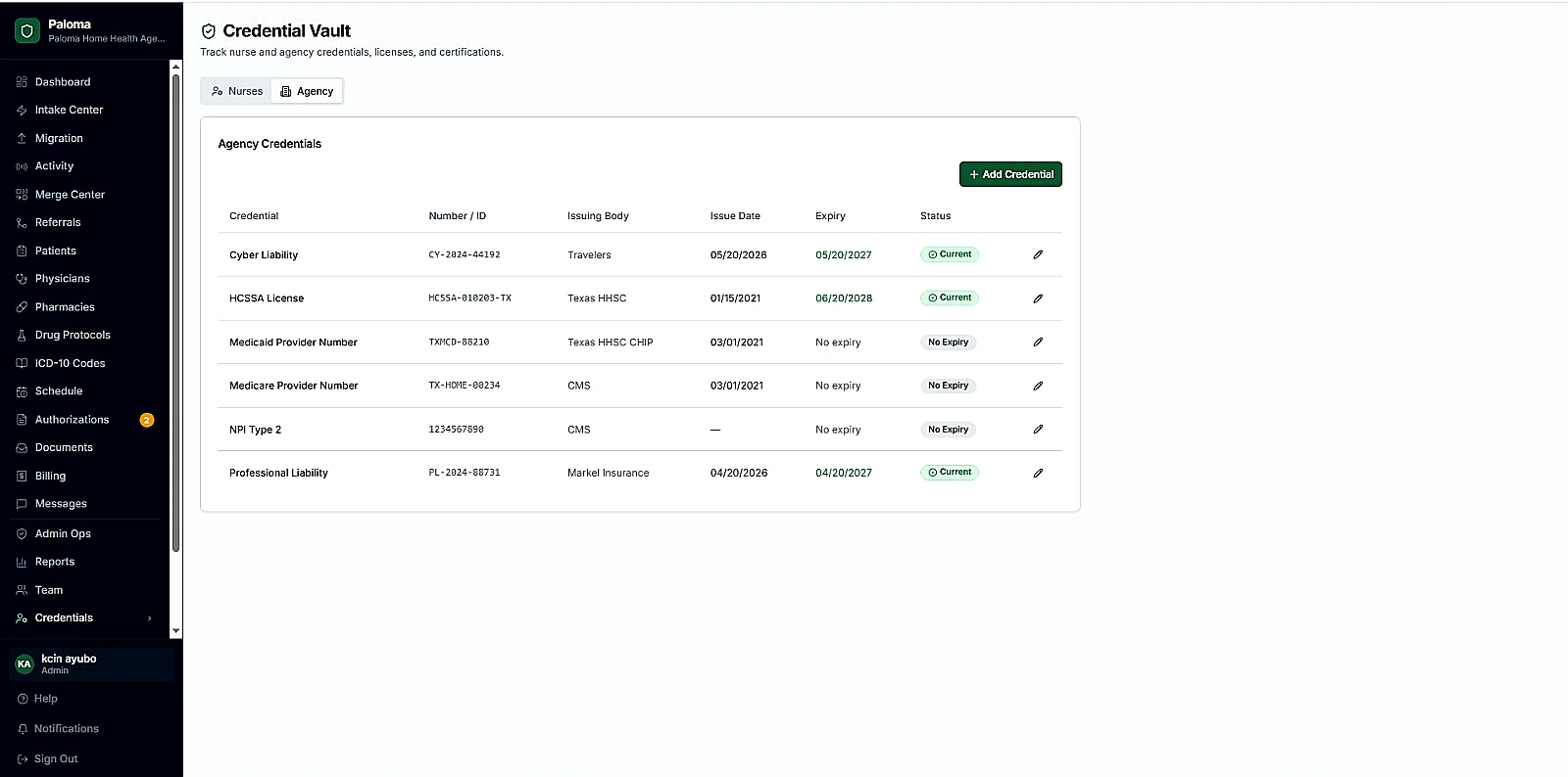 Paloma Agency Credentials screenshot