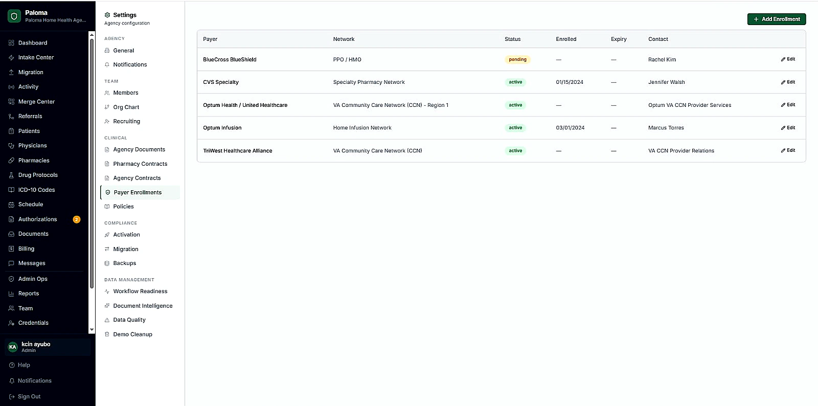 Paloma Payer Enrollments screenshot