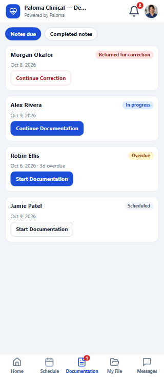 The nurse&rsquo;s notes due on a phone: a returned note, a note in progress, an overdue note and a scheduled visit.