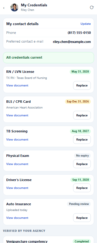 My Credentials on a phone: contact details, all credentials current, six credential cards with expiry dates and a result verified by the agency.