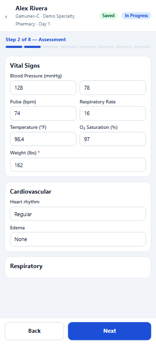 Step 2 of 8, Assessment, on a phone: vital signs, cardiovascular and respiratory sections with Back and Next.
