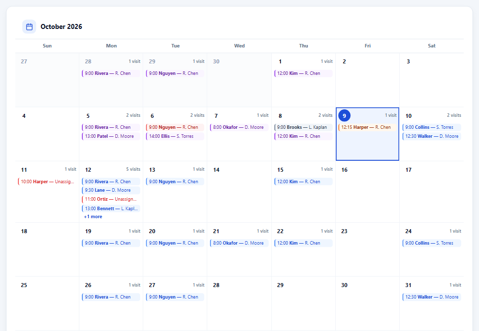 The Month view of the schedule: visits per day across the month with the clinician assigned to each.